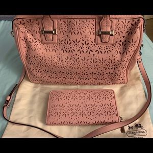 Coach pink, blush laser cut handbag and wallet